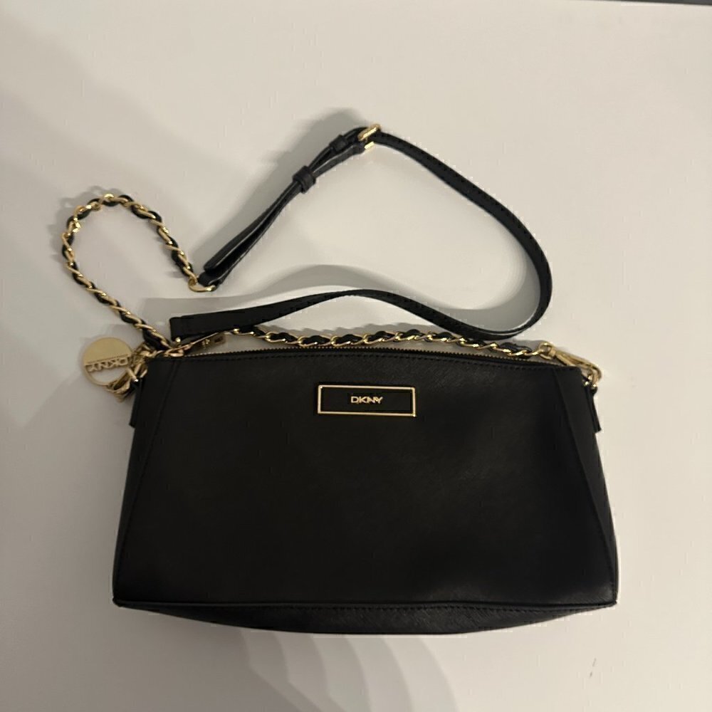 euc DKNY Small Purse - Long Chain, Black with Gold hardware